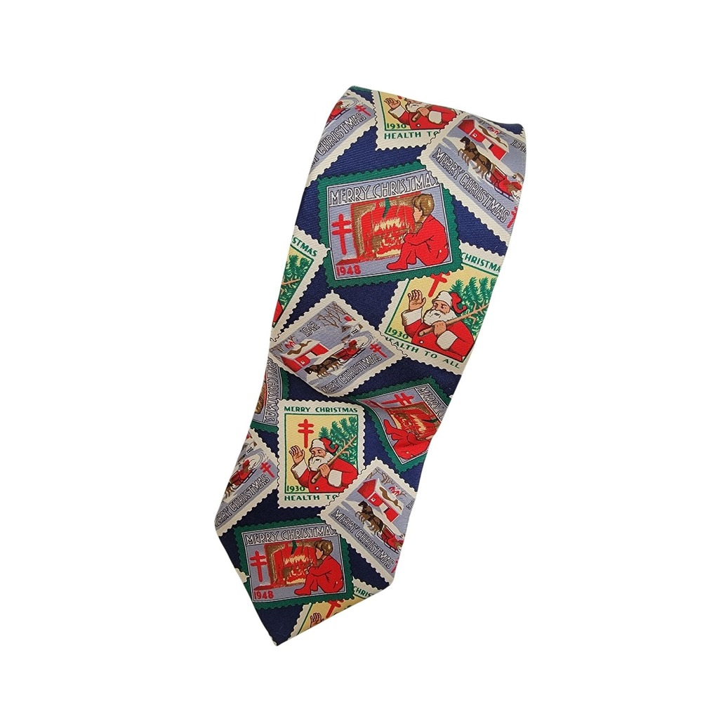 Lands End Vintage Mens Silk Tie Christmas Postage‎ Stamp Santa Sleigh Navy Blue